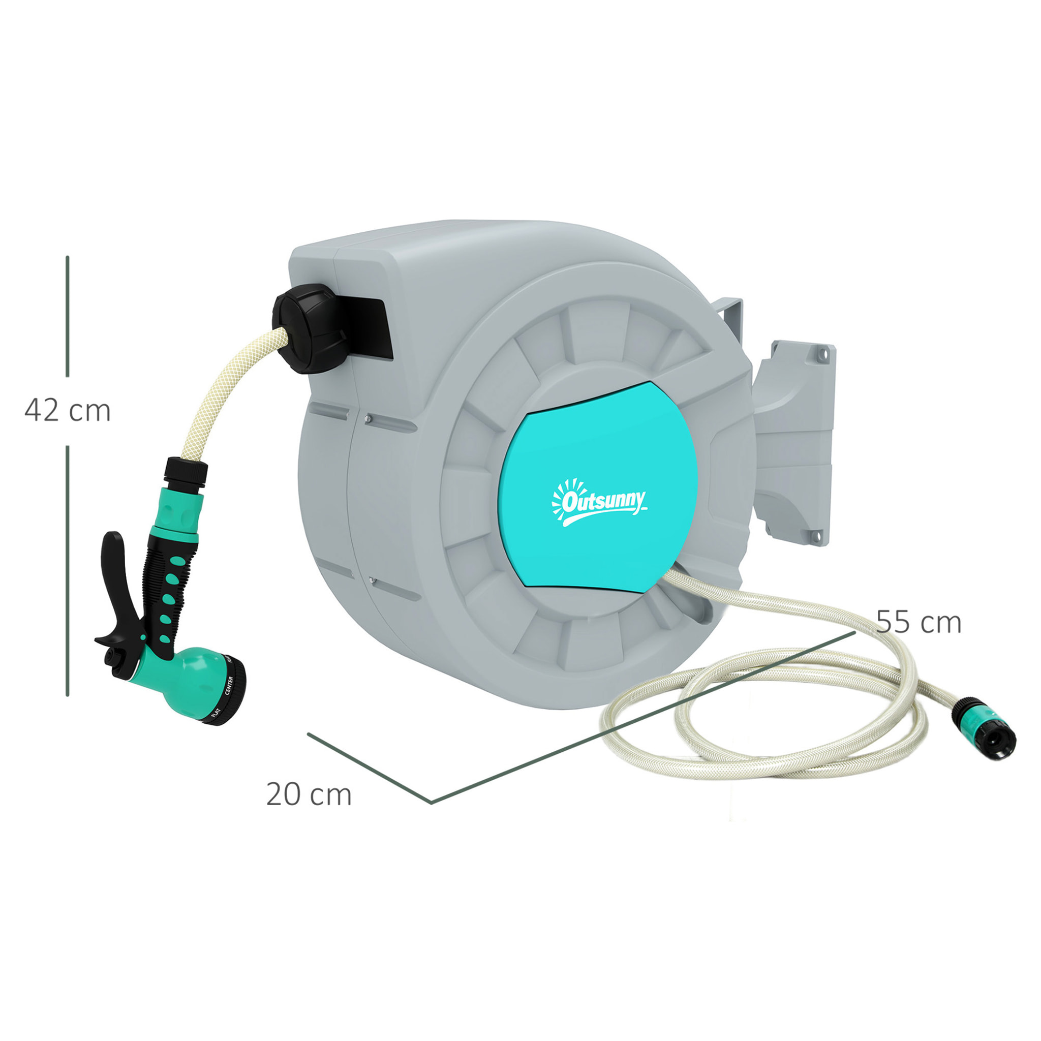 Dévidoir mural enrouleur automatique pivotant 180° tuyau 25 + 2 m avec lance arrosage 7 modes support mural intégré gris clair vert