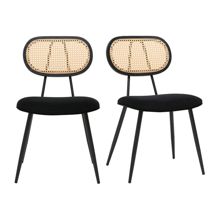 Chaises design noires en tissu velours, métal et cannage rotin (lot de 2) SWANN