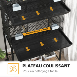 Double cage à oiseaux sur roulettes - étagère, plateau déjection, 4 perchoirs, 4 mangeoirs, poignée - dim. 77L x 46l x 164H cm acier noir