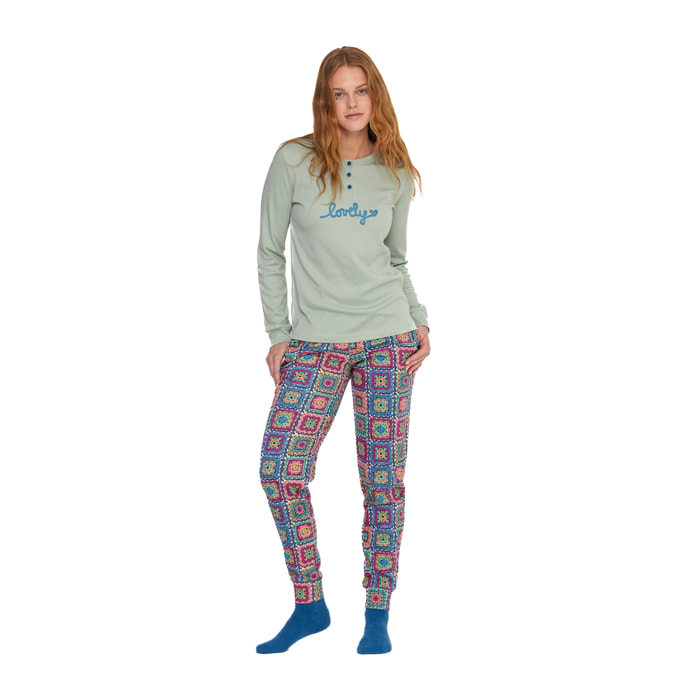 Pigiama donna folk in caldo cotone con collo a tre bottoni Noidinotte