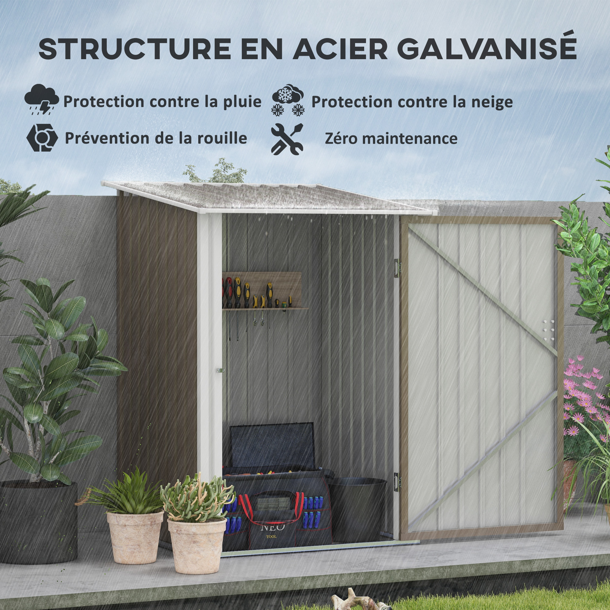 Abri de jardin - remise pour outils - cabanon porte verrouillable - dim. 1L x 1,03l x 1,6H m - tôle d'acier ondulée taupe