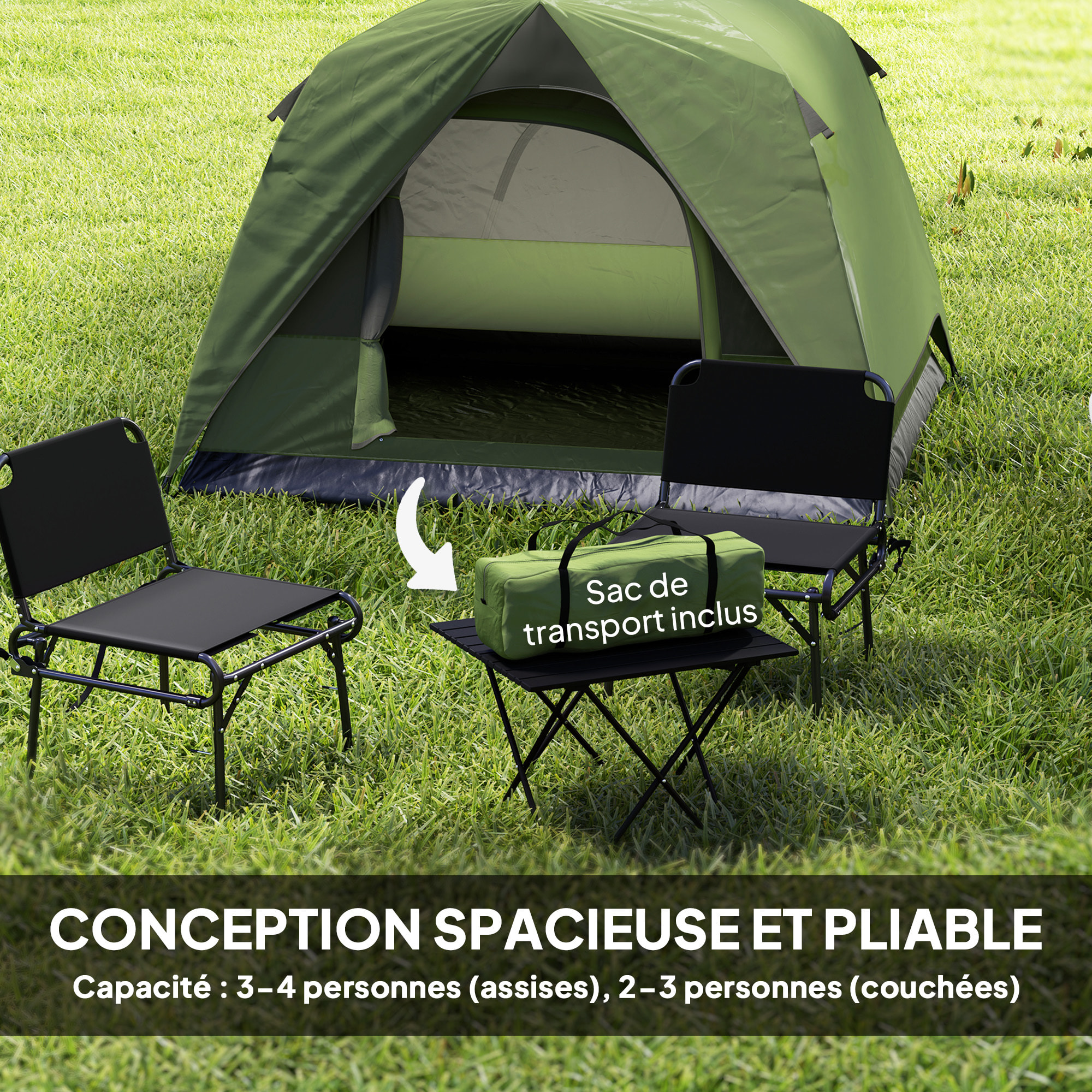 Tente de camping 2-3 personnes fenêtres, poche, sac de transport et crochet imperméabilité 3000 mm vert olive