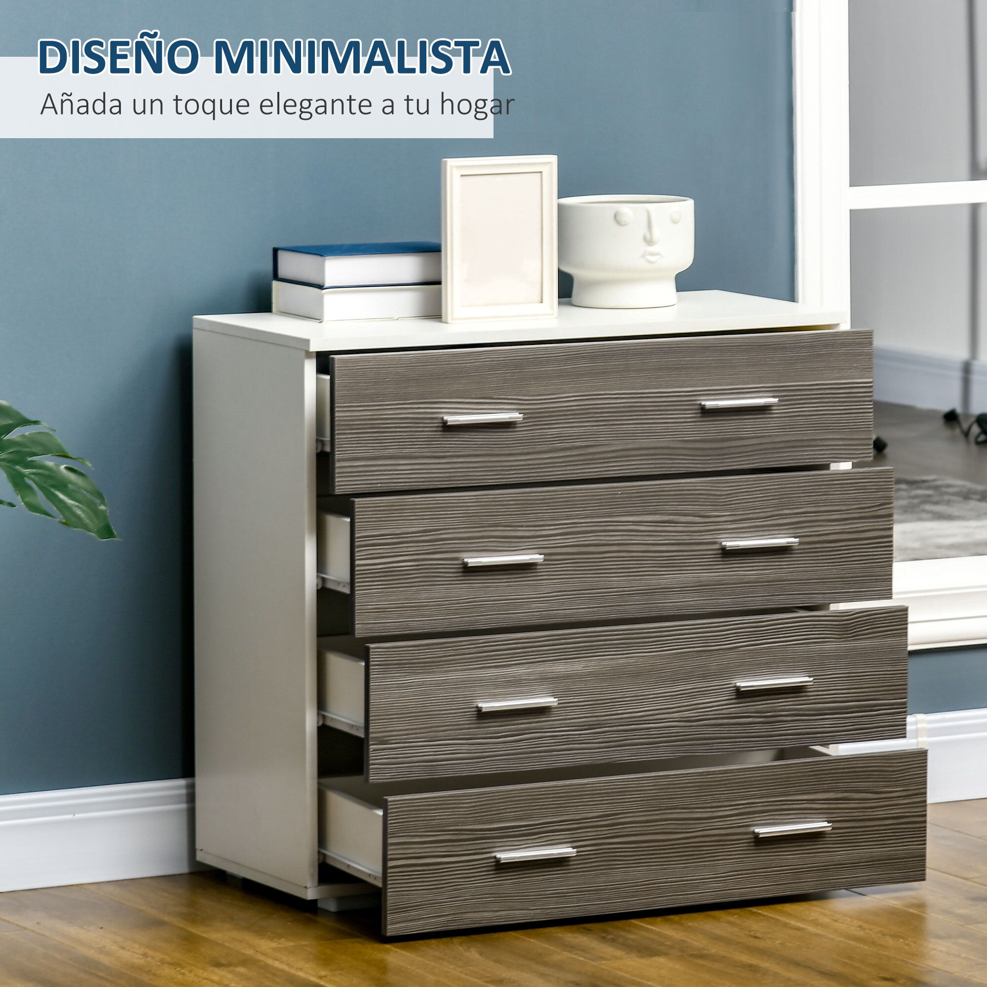 Cómoda 4 Cajones, Cómoda Dormitorio, Cajonera para Salón, Oficina, Pasillo, Estilo Moderno, 76x35x72 cm, Gris Veteado y Blanco