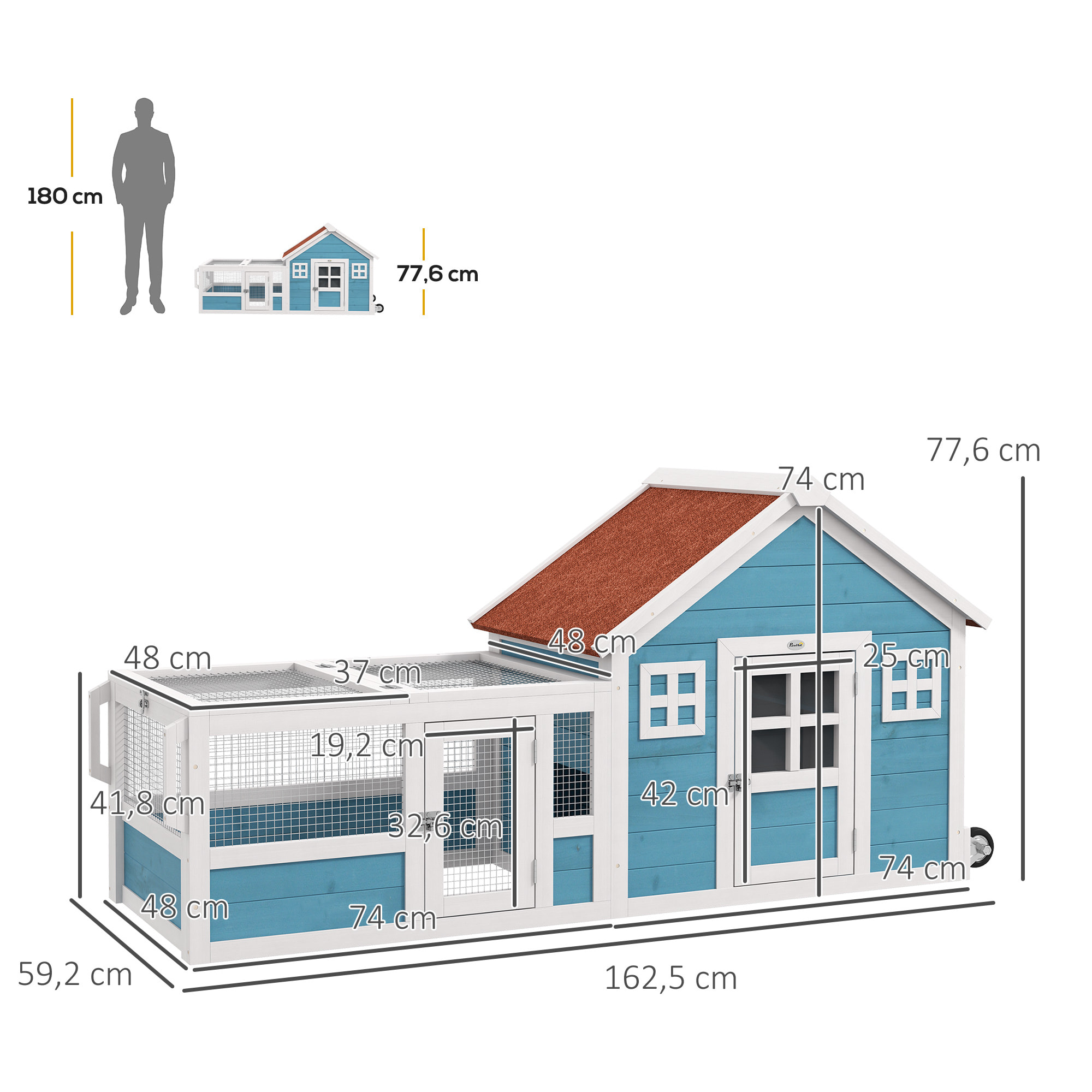 Conejera Exterior de Madera 162,5x59,2x77,6 cm Jaula para Conejo Grande con 2 Ventanas de Decoración 2 Ruedas 1 Puerta 1 Rampa y Techo de Asfalto Azul