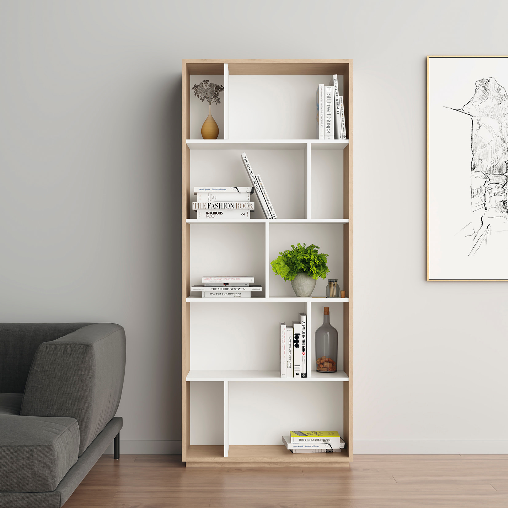 Estantería librería Nack melamina roble-blanco 191x80x32 cm