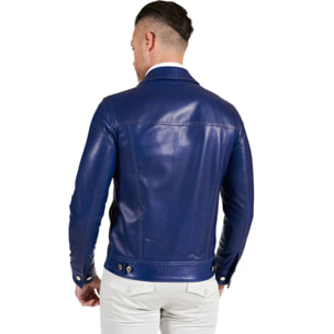 Giacca pelle naturale bluette con bottoni e collo camicia