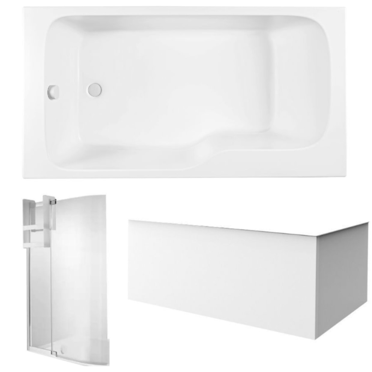 Pack baignoire bain douche 170 x 90 Malice version gauche + tablier en angle + pare bain + étagère pour pare bain