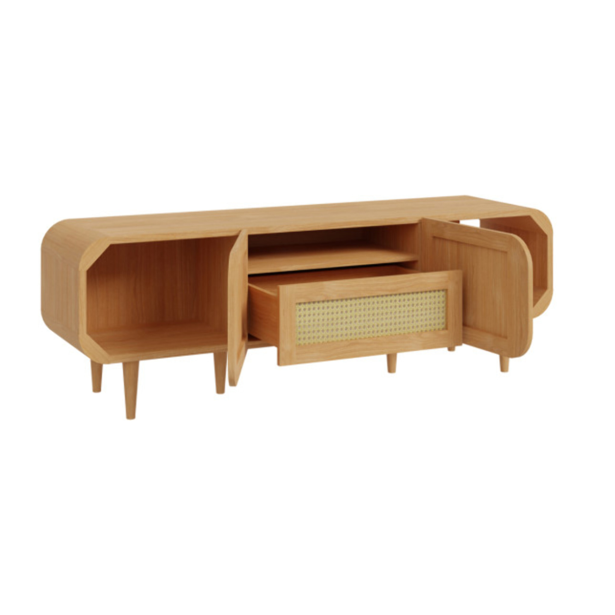 Meuble TV 160 cm 2 portes 1 tiroir rotin et décors chêne - BEVERLY