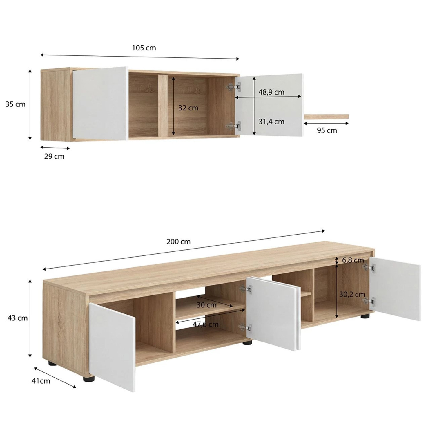 Salón con mueble de TV y estantería en roble canadian y blanco artik 200 cm Arlet Roble Canadian - Blanco Artik (Blanco Mate)