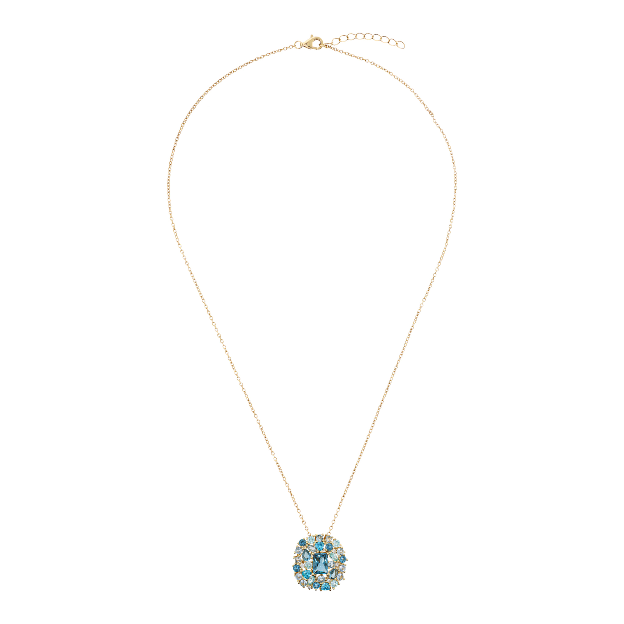 Collana Catena Rolo Golden in Argento 925 con Pendente in Pavé Misto di Cubic Zirconia Azurre Effetto Degradé