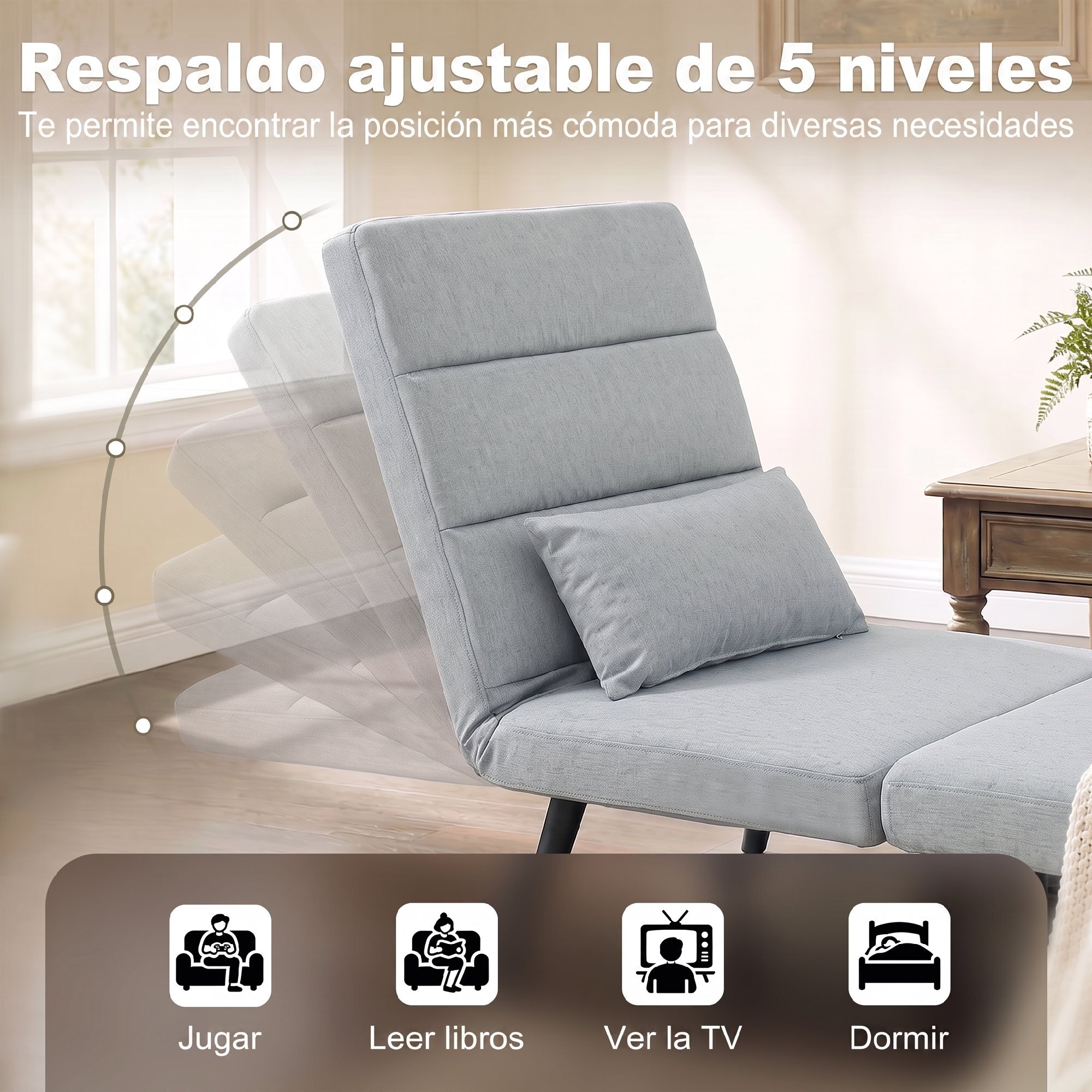 Sofá Cama 1 Plaza Convertible, 3 en 1, Sillón Cama Plegable, Tapizado en Lino, Respaldo Ajustable, Almohada con Funda Lavable, para Salón, Dormitorio, 67x73x96 cm, Gris Claro