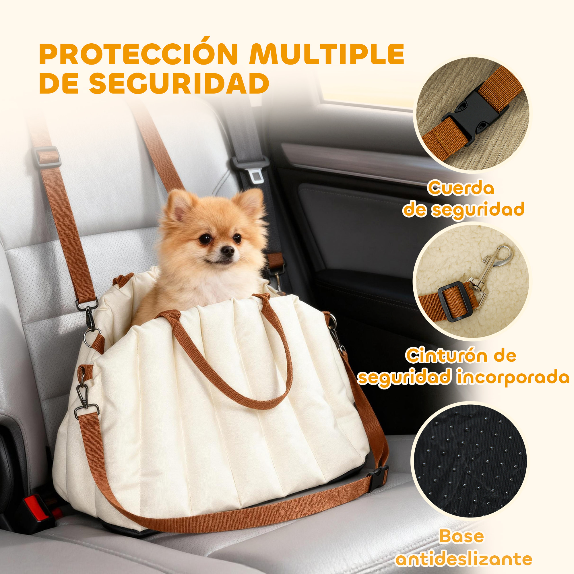 Asiento de Coche para Perros Pequeños, Asiento de Coche para Mascotas de hasta 5 kg con Cinturón de Seguridad y Base Antideslizante, Cama de Viaje Portátil con Funda Extraíble y Lavable, Crema