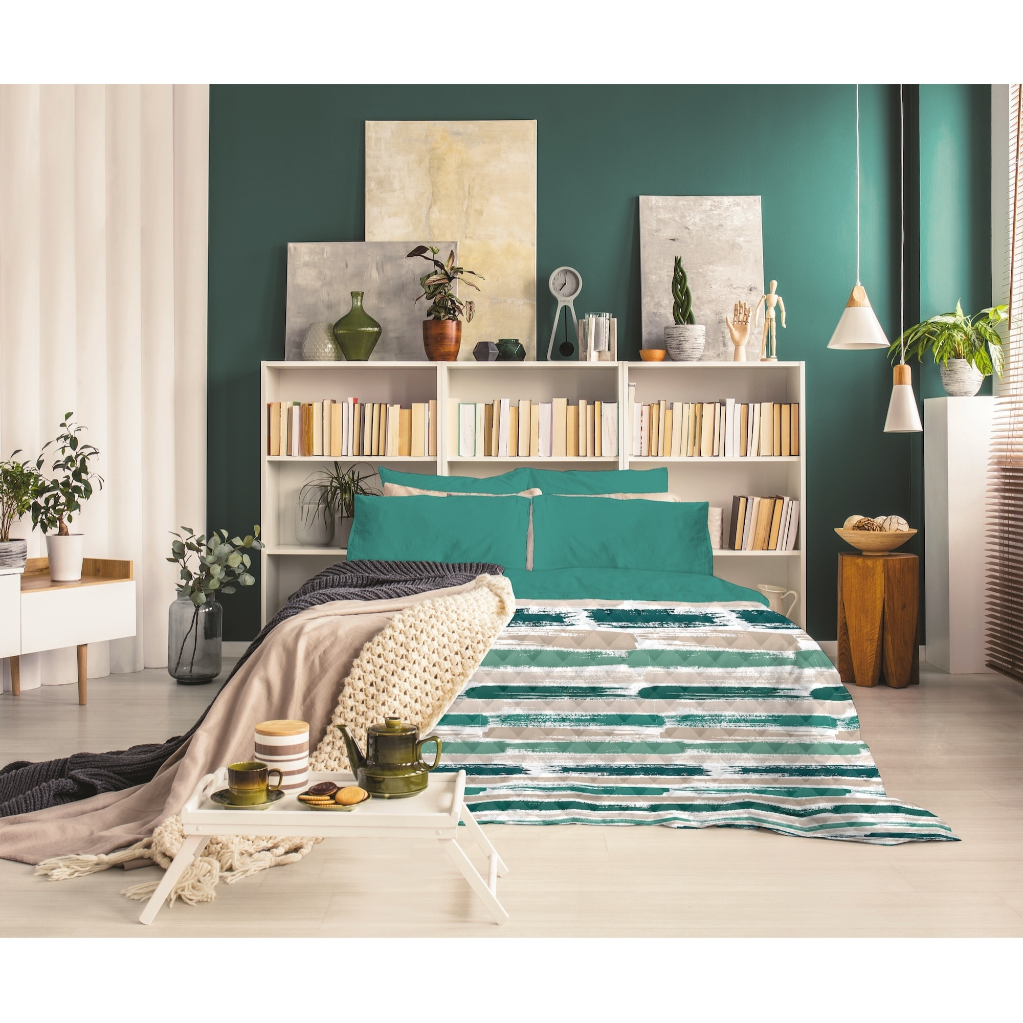 TRAPUNTINO LETTO MATRIMONIALE RIGHE PETROLIO MADE IN ITALY MEZZA STAGIONE