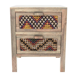 Table de chevet 2 tiroirs en manguier et cannage coloré - Massaï