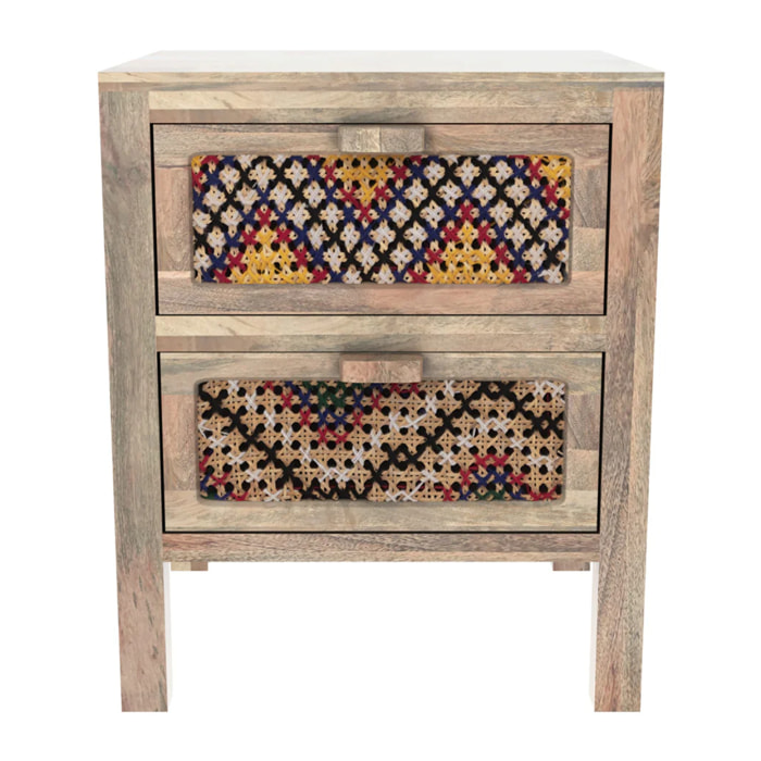 Table de chevet 2 tiroirs en manguier et cannage coloré - Massaï