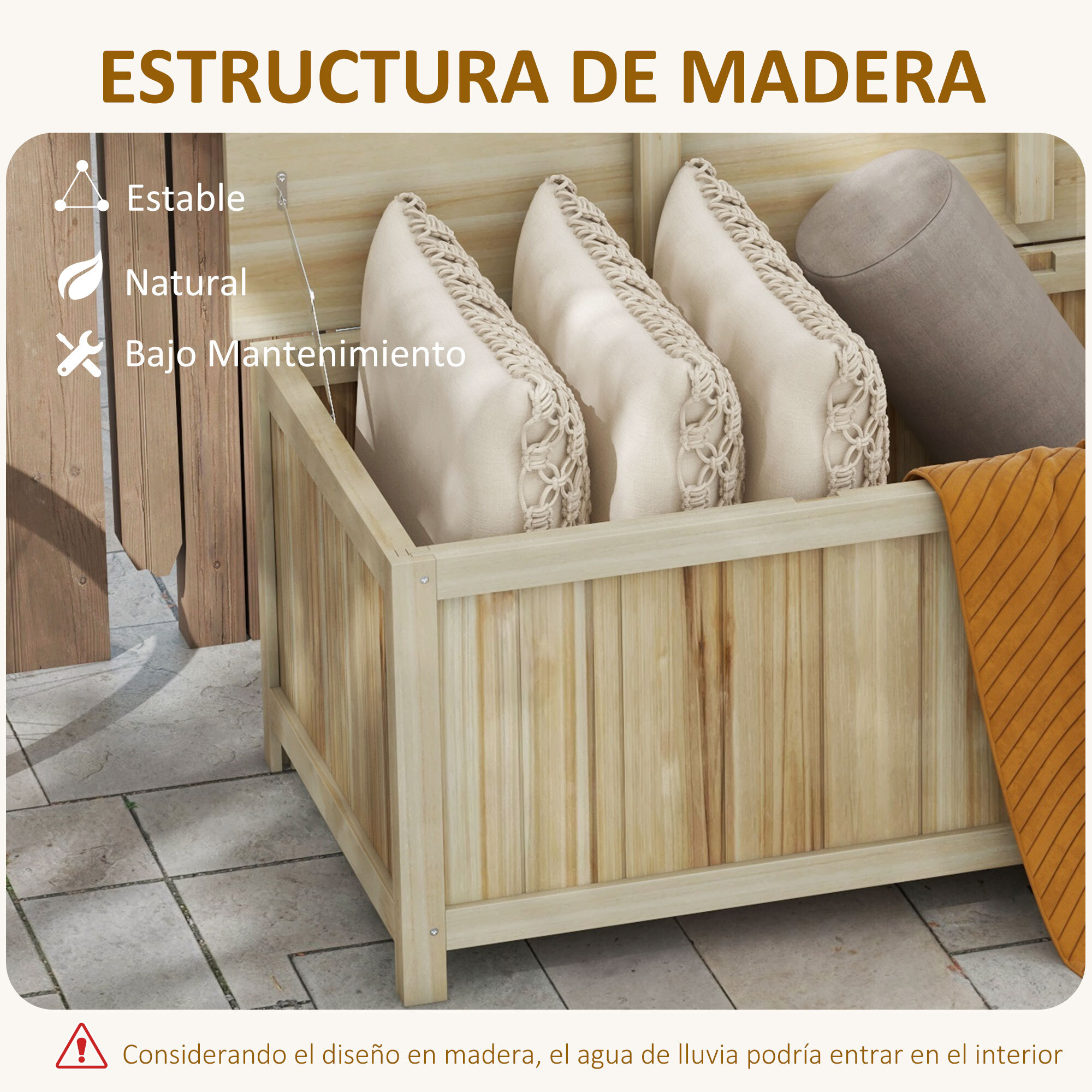 Arcón Exterior de Madera, 172 L, Baúl Almacenaje Exterior con Tapa Abatible, Resistente a la Intemperie, para Jardín, Terraza, Patio, 120x55x45 cm, Madera Natural