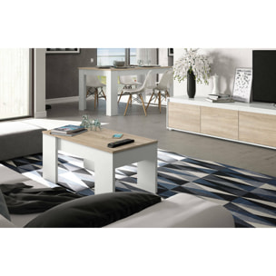 Tavolino da salotto Almas, Tavolino da caffè con piano elevabile, Tavolo basso da soggiorno, 100x50h45/56 cm, Bianco e Rovere