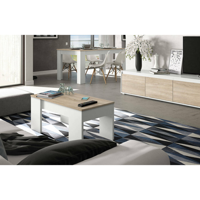 Tavolino da salotto Almas, Tavolino da caffè con piano elevabile, Tavolo basso da soggiorno, 100x50h45/56 cm, Bianco e Rovere