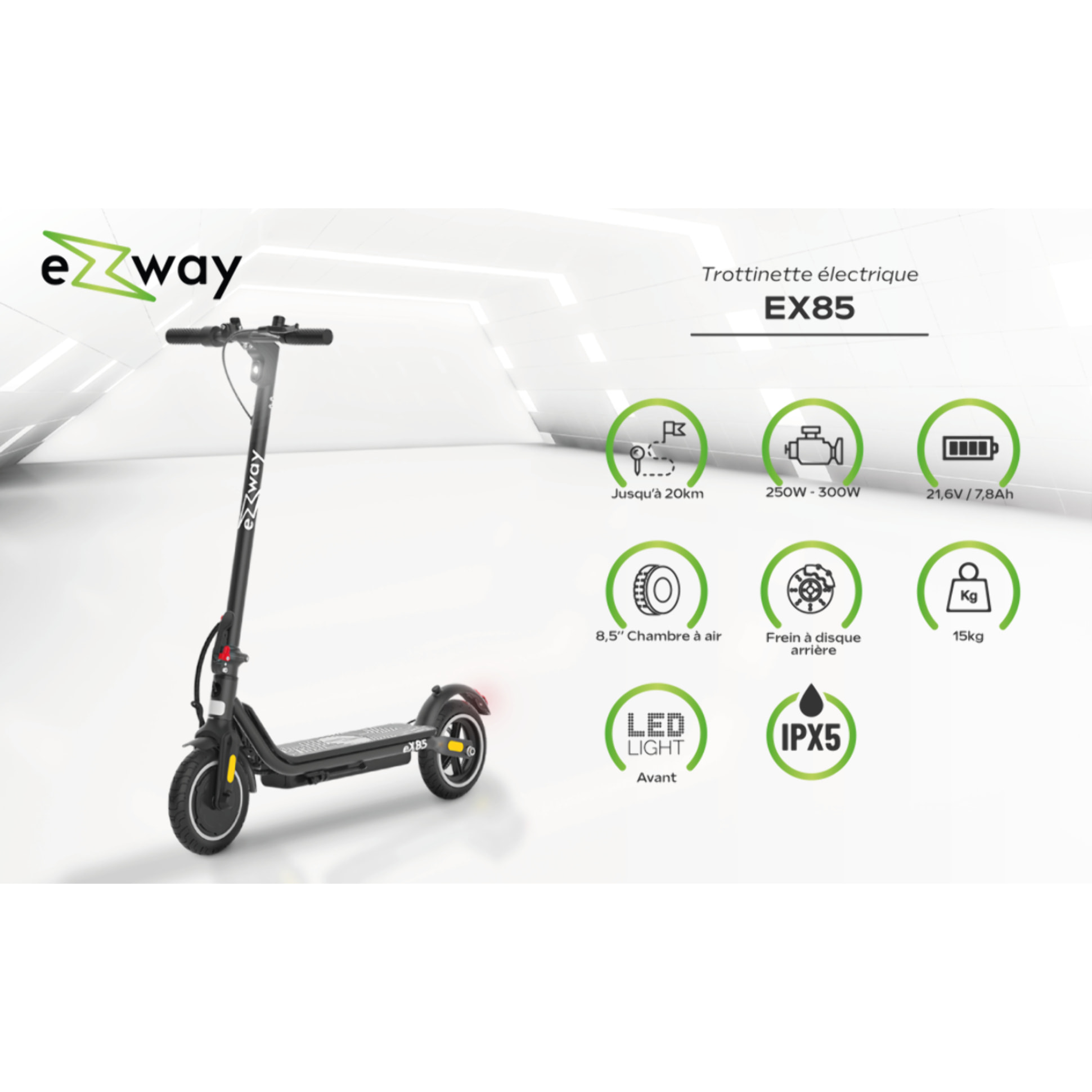 Trottinette électrique EZWAY EX85 - 25 km/h, 20 km d'autonomie, batterie 21,6V 7,8Ah, frein à disque, suspensions confort