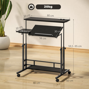 Escritorio Elevable con Ruedas, Enchufes, Puertos USB, Altura Ajustable, 80x60 cm, Escritorio de Pie con Panel Central Inclinado y Estante Inferior de Almacenamiento, para Oficina, Hogar, Negro