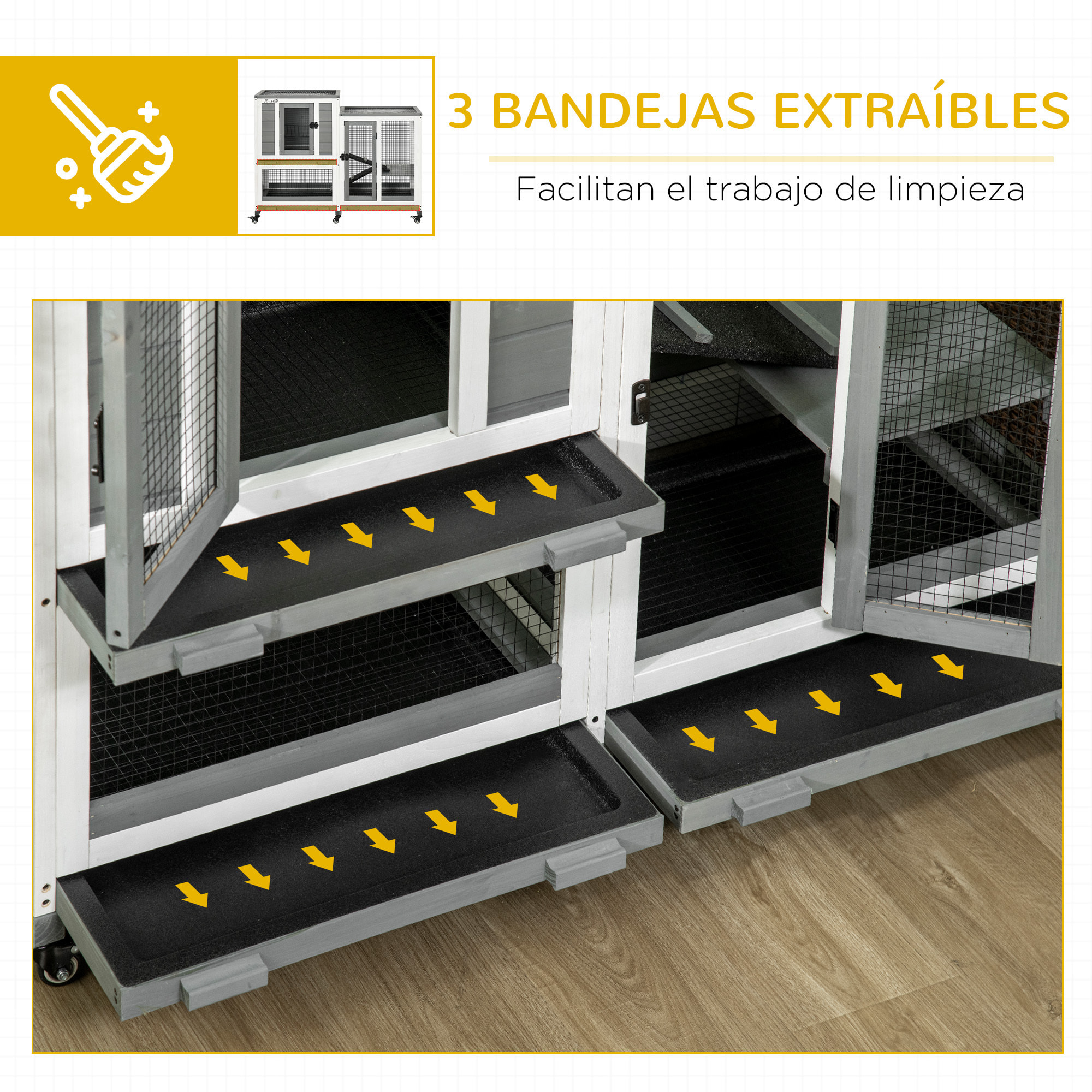 Conejera de Madera para Interior Jaula para Conejos Mascotas Pequeñas de 2 Niveles con 6 Ruedas 2 Escaleras 3 Bandejas Extraíbles y Zona Abierta 110x50x86 cm Gris