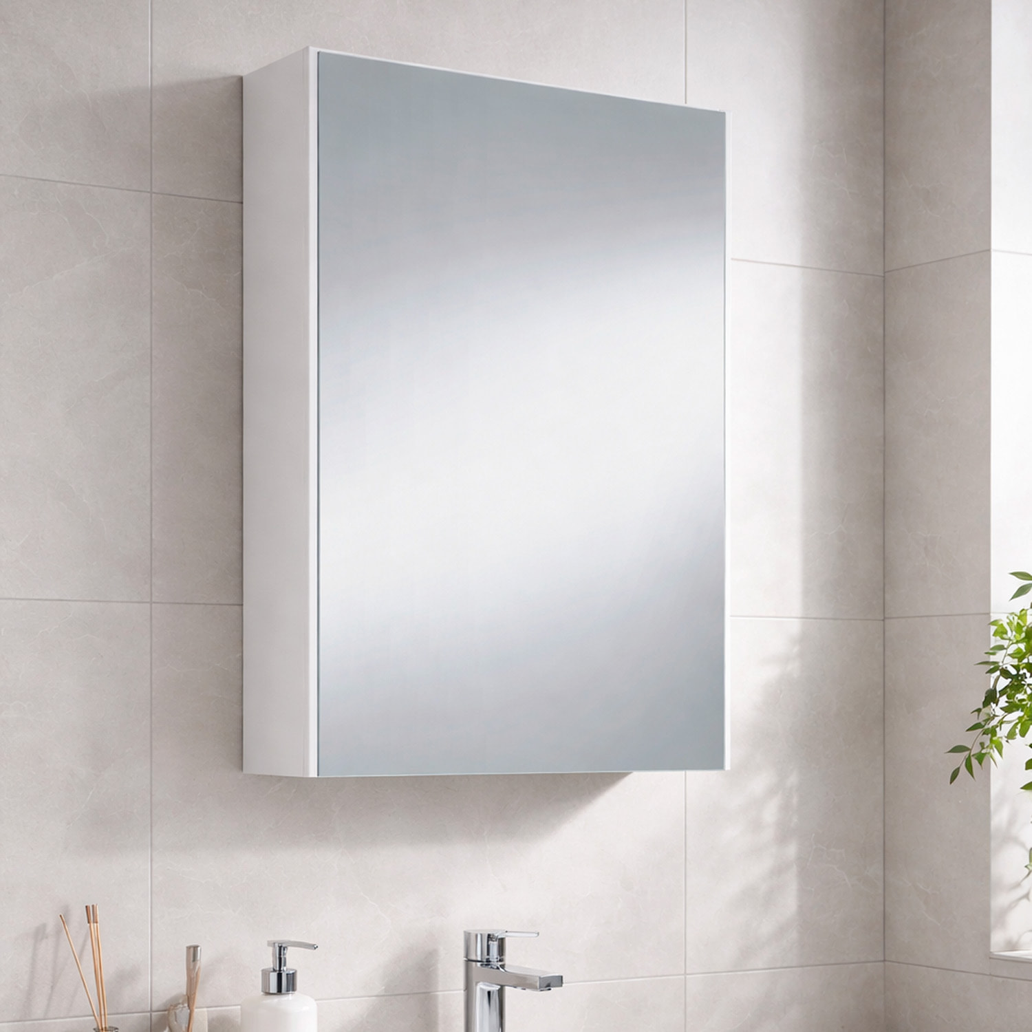 Pensile Bagno Con Anta A Specchio E Ripiani Interni Mobile Sospeso Salvaspazio In Melaminico Arredo Bagno Moderno Minimal  65 x 40 x 21 Cm Bianco
