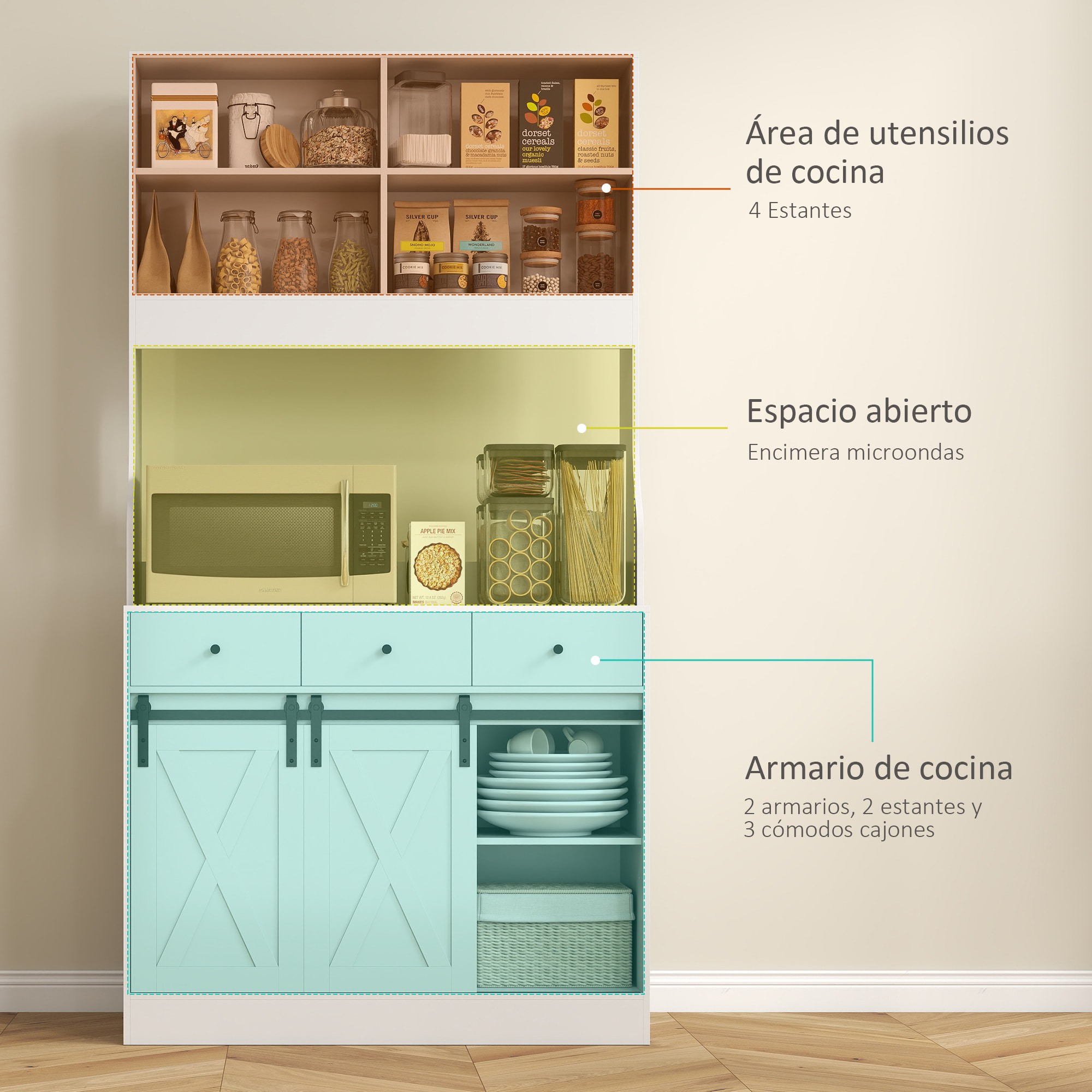 Alacena de Cocina Mueble Auxiliar de Cocina con 2 Puertas Corredizas 3 Cajones Encimera para Microondas y Estantes Ajustables Estilo Granja Blanco 93,5x40x180 cm