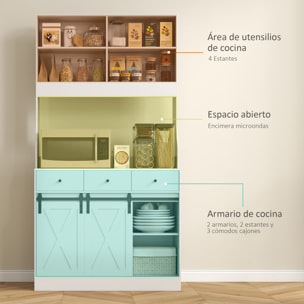 Alacena de Cocina Mueble Auxiliar de Cocina con 2 Puertas Corredizas 3 Cajones Encimera para Microondas y Estantes Ajustables Estilo Granja Blanco 93,5x40x180 cm