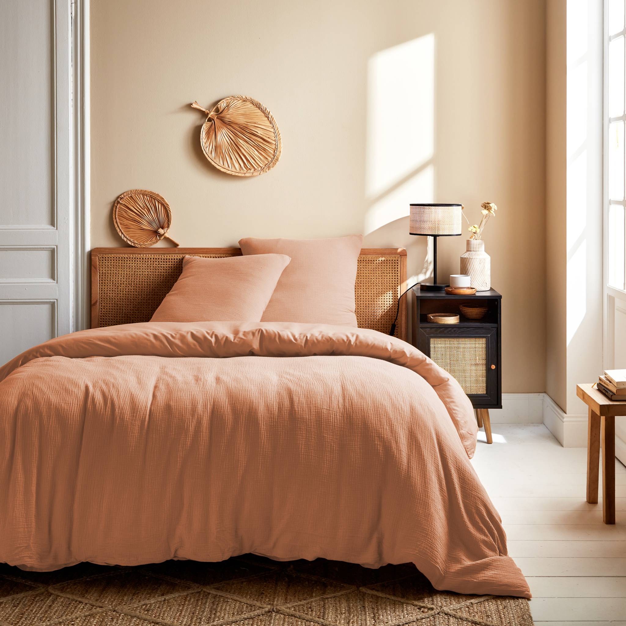 Parure de lit gaze de coton 2 places pêche Alix 260x240cm