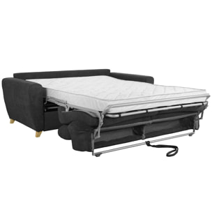 Canapé convertible avec têtières ajustables 3 places en tissu effet velours gris anthracite et bois clair avec matelas 13 cm GOYA