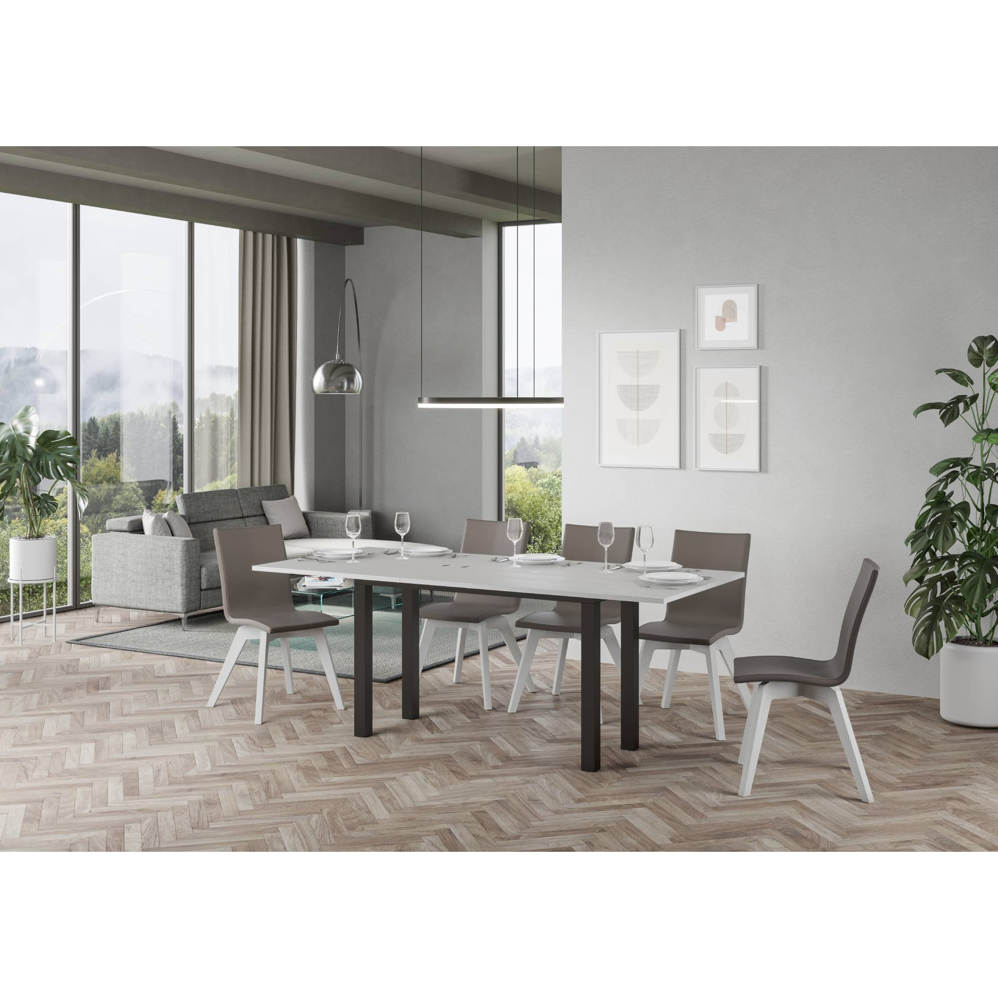 Table Everyday Double Frêne Blanc 120x45 ouverte/Allongée 120x90/200x90 pieds/cadre Anthracite