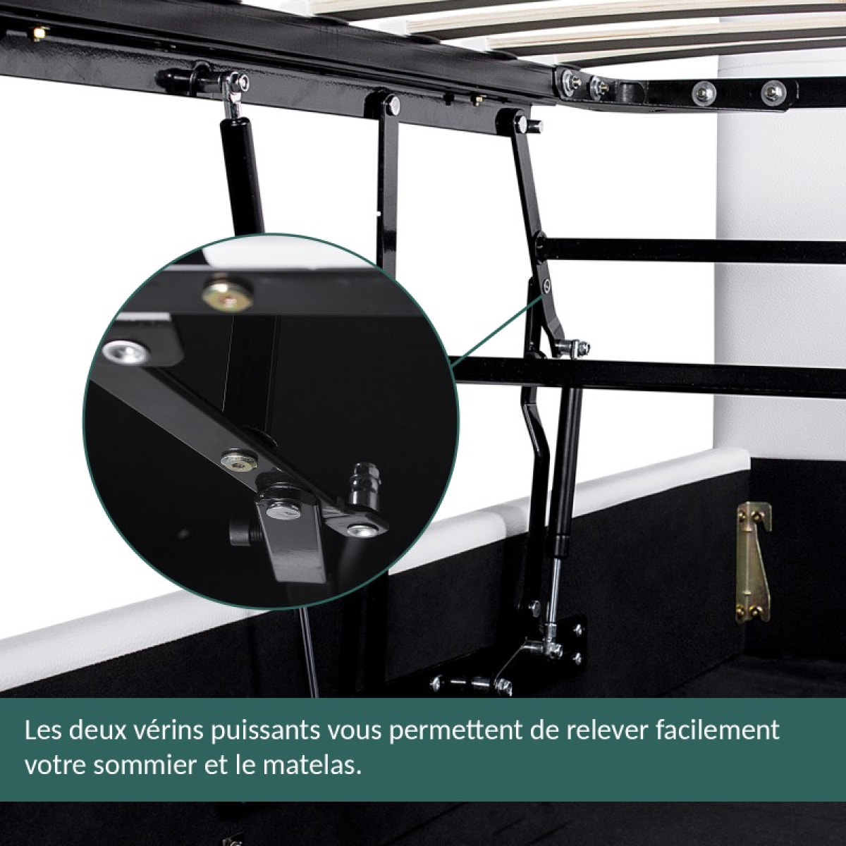 Lit coffre Parallèle | 3 Positions : Stocker, Faire Le lit, Repos | Espace de stockage jusqu'à 900 L | Simili cuir | Blanc