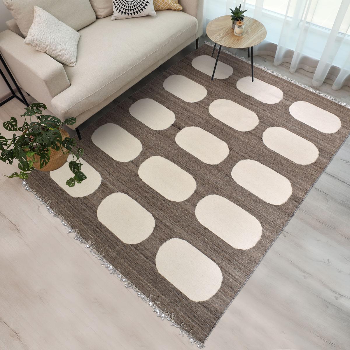 Tapis kilim Reversible Meco tissé à la main en laine beige et marron Motif simple