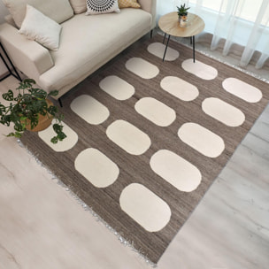Tapis kilim Reversible Meco tissé à la main en laine beige et marron Motif simple