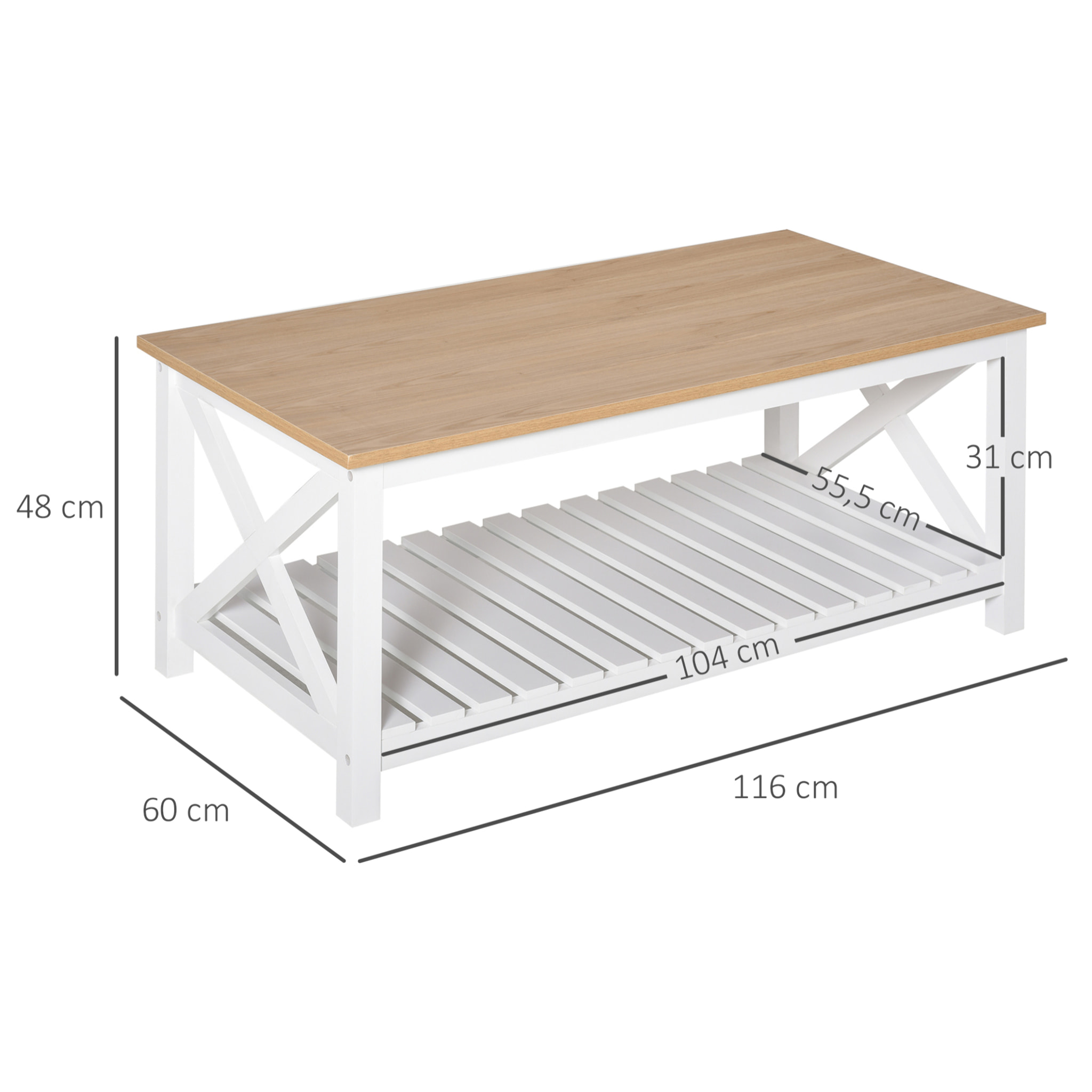 Table basse rectangulaire dim. 116L x 60l x 48H cm étagère à lattes plateau imitation chêne clair MDF blanc