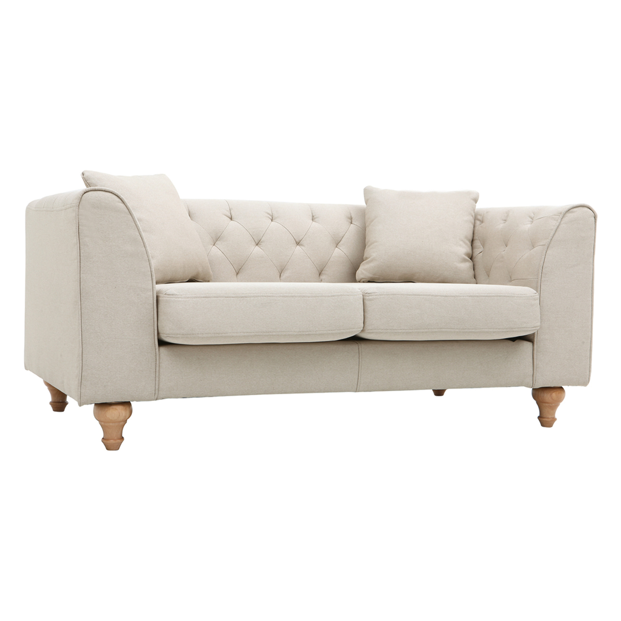 Canapé 2 places capitonné en tissu beige et bois clair MONTAIGNE