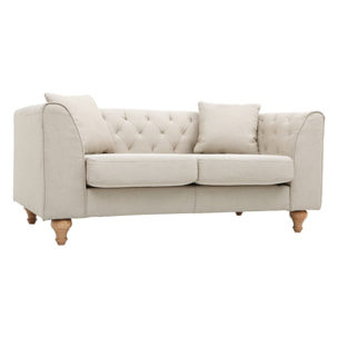 Canapé 2 places capitonné en tissu beige et bois clair MONTAIGNE