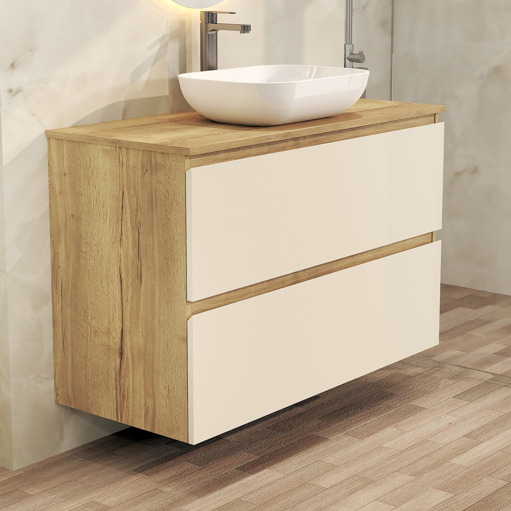 ENSEMBLE DE SALLE DE BAIN NIA | MEUBLE SUSPENDU | 100 CM GLACIER | DEUX TIROIRS |LAVABO SUR PLAN | MIROIR NON INCLUS | MEUBLE MONTÉ | ALDAY