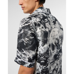 PHILIPP PLEIN Linen Bowling Shirt All-Over Ceramic