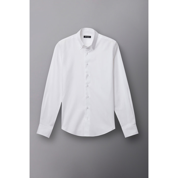 Camicia Uomo 2 Bottoni Button Down Slim Jacquard Fantasia Bianco e Bianco