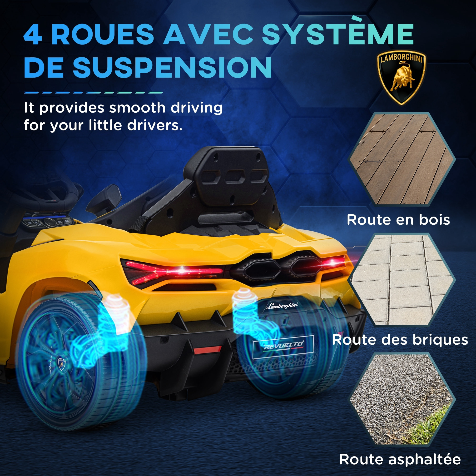 Voiture électrique enfant licence Lamborghini Revuelto télécommande effets sonores lumineux jaune