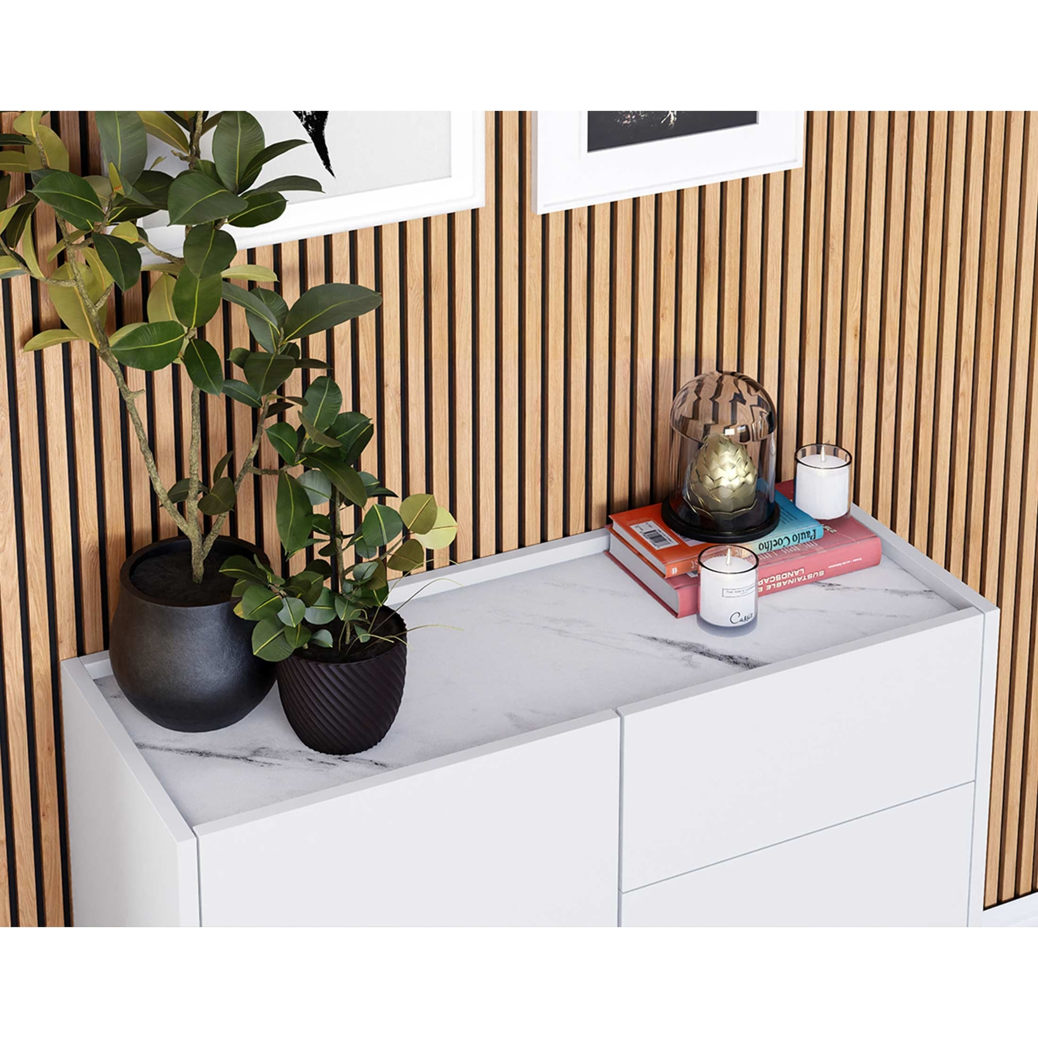 Cali - buffet bas - effet marbre - 97 cm - Blanc / Doré