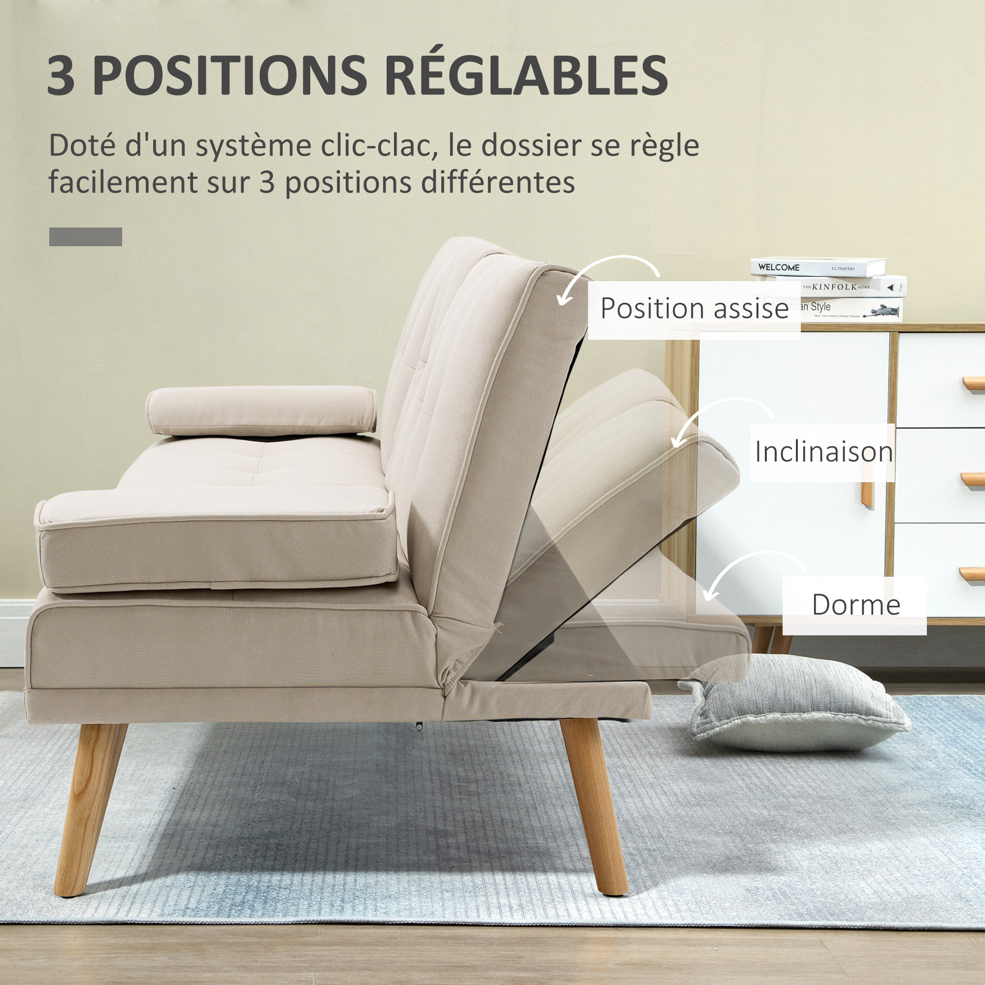 Canapé convertible 3 places design scandinave inclinaison dossier réglable 3 niveaux dossier central rabattable 2 porte-verres bois massif lin beige