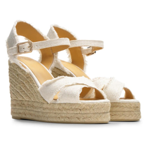 Sandalia de cuña Bromelia en lino metalizado con cierre de pulsera