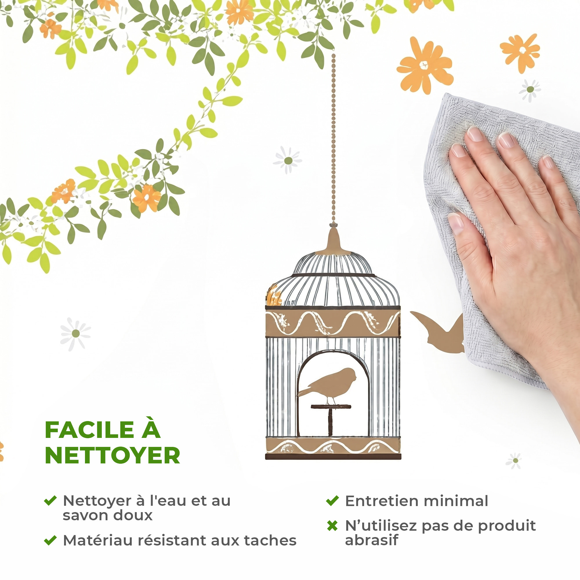 Stickers Muraux décoration adhésifs cages élégantes, oiseaux et fleurs