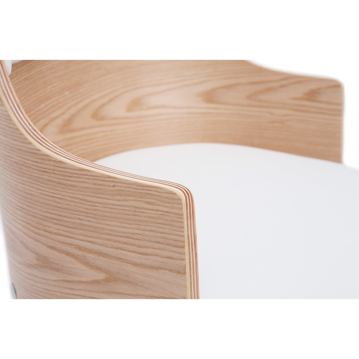 Chaise de bureau à roulettes design blanc, bois clair et acier chromé MAYOL