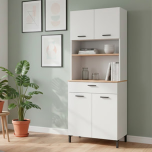 Mobile Dispensa Multiuso con 4 Ante 1 Cassetto E Vano Per Elettrodomestici Con Ripiani Interni Piano Appoggio 72 x 185 x 40 Cm Colore Bianco E Rovere