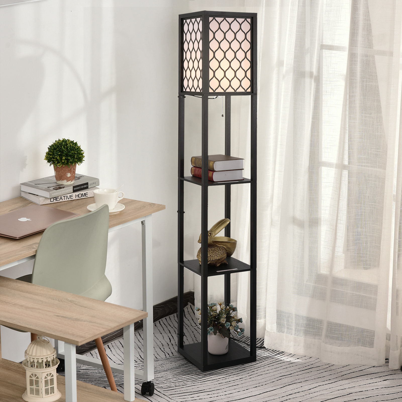 Lampadaire étagère lampe étagère 26L x 26l x 160H cm 3 étagères 4 niveaux MDF noir motif nid d'abeille