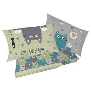 Completo letto happycat verde 100% cotone