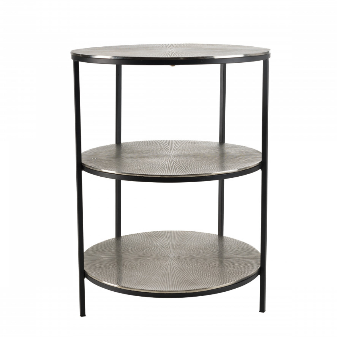 JONAS - Table d'appoint ronde 3 niveaux aluminium argenté et noir pieds métal